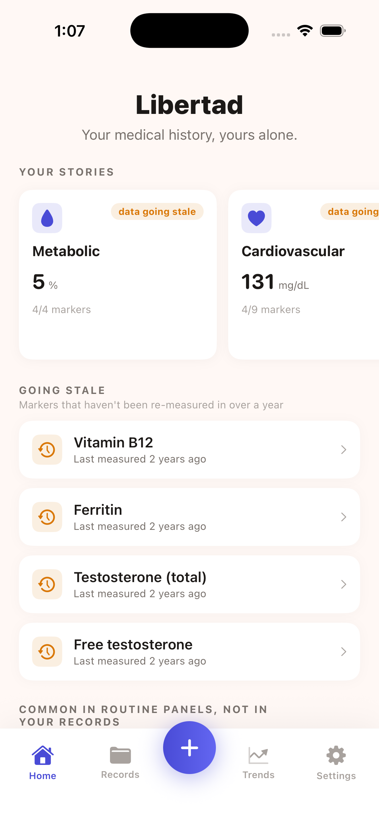 Home screen showing Your Stories strip with Metabolic and Cardiovascular cards, plus a Going Stale section listing markers not re-measured in over a year.