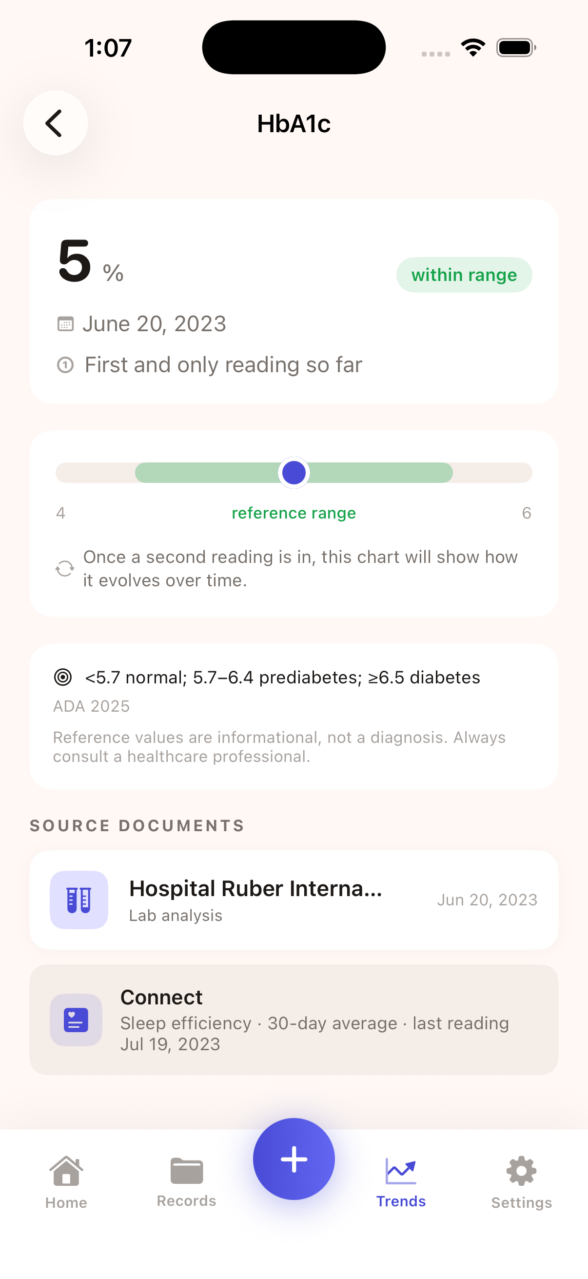 HbA1c single-reading screen showing 5 percent within range, a horizontal reference-range gauge from 4 to 6 with the value's position marked, and a note that the chart will appear once a second reading is in.
