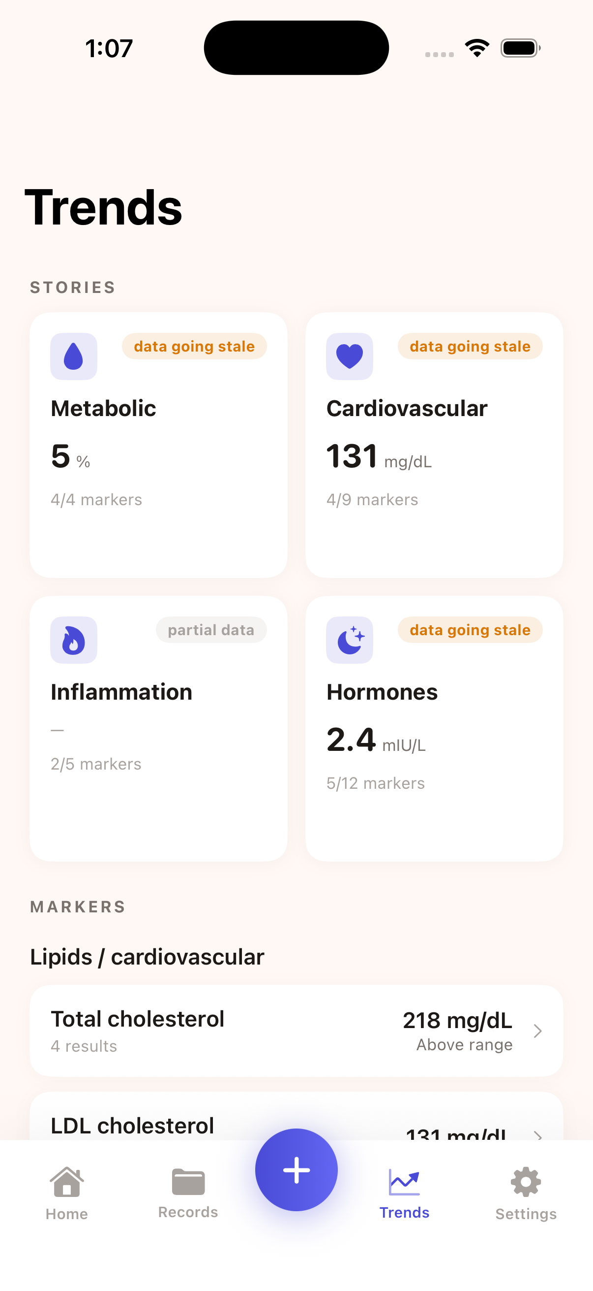 Trends entry screen with a 2x2 grid of Stories (Metabolic, Cardiovascular, Inflammation, Hormones), followed by a Markers section listing individual lab panels.